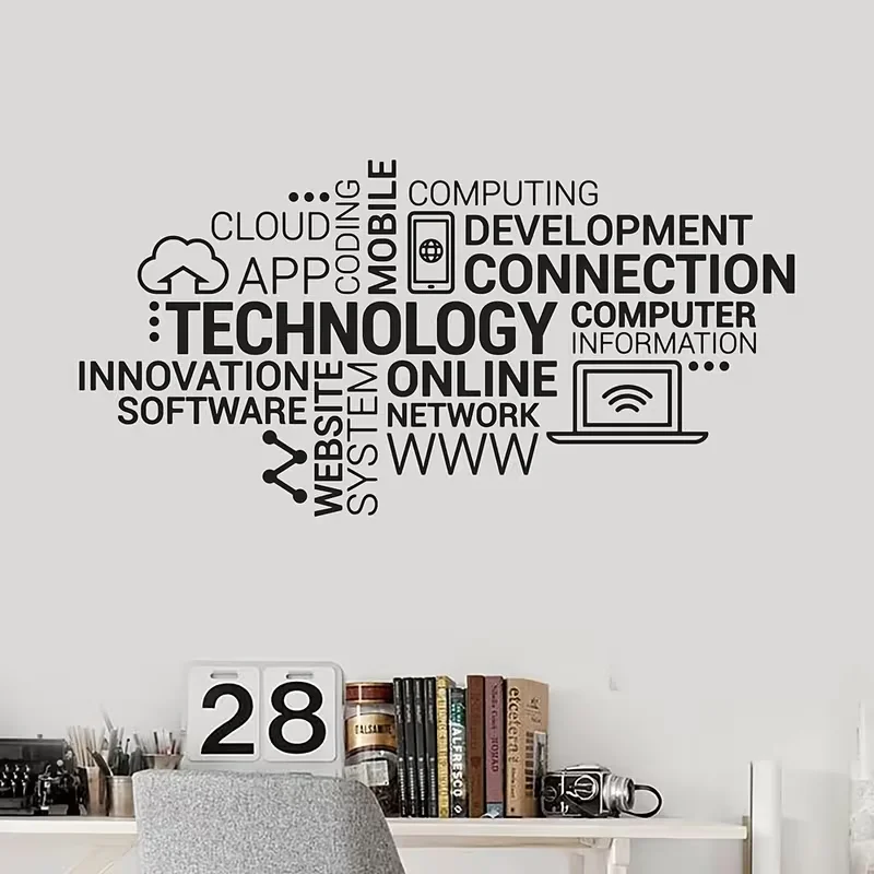 Modern Home Decor Featuring Vinyl Wall Decals with Technology-Themed Words for an Innovative Office Atmosphere