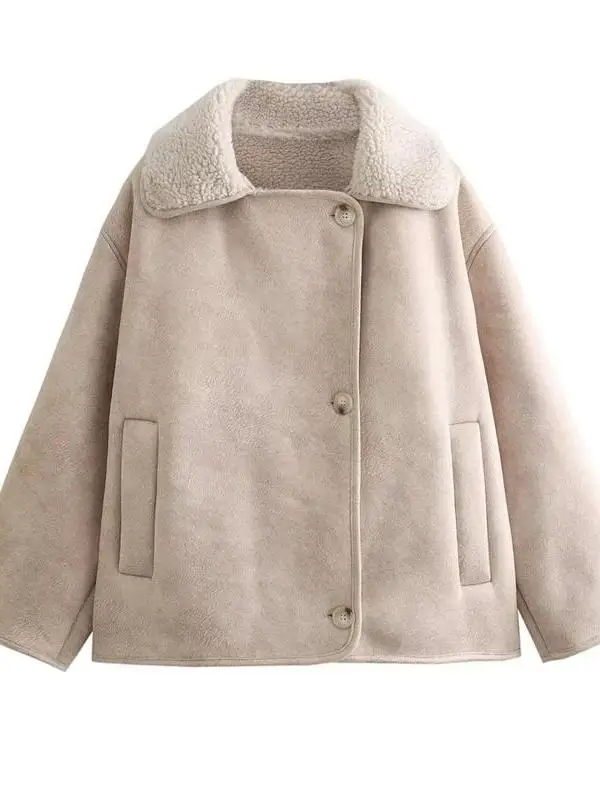 معطف شتوي نسائي من جلد الفرو على الوجهين معطف شتوي دافئ وفضفاض مناسب للتنقل طويل Sve بياقة مقلوبة #5