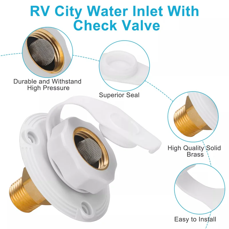 Conexão de entrada de água RV Flange de entrada de preenchimento de água da cidade de latão com válvula de retenção Conector de mangueira de água RV