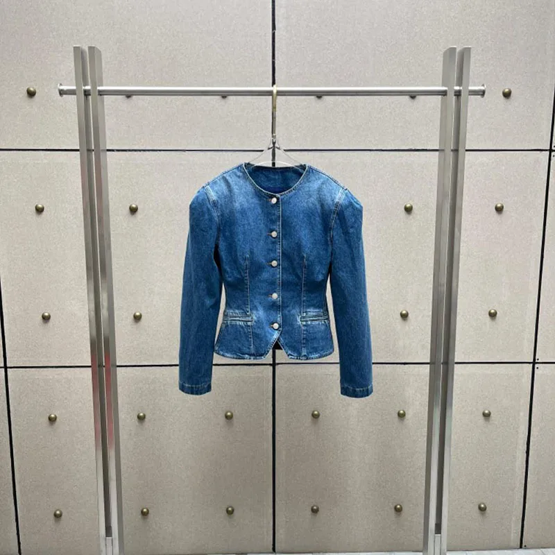 Round-neck single-button waist-hugging denim jacket with puff sleeves - a stylish short coat for ladies in a retro style