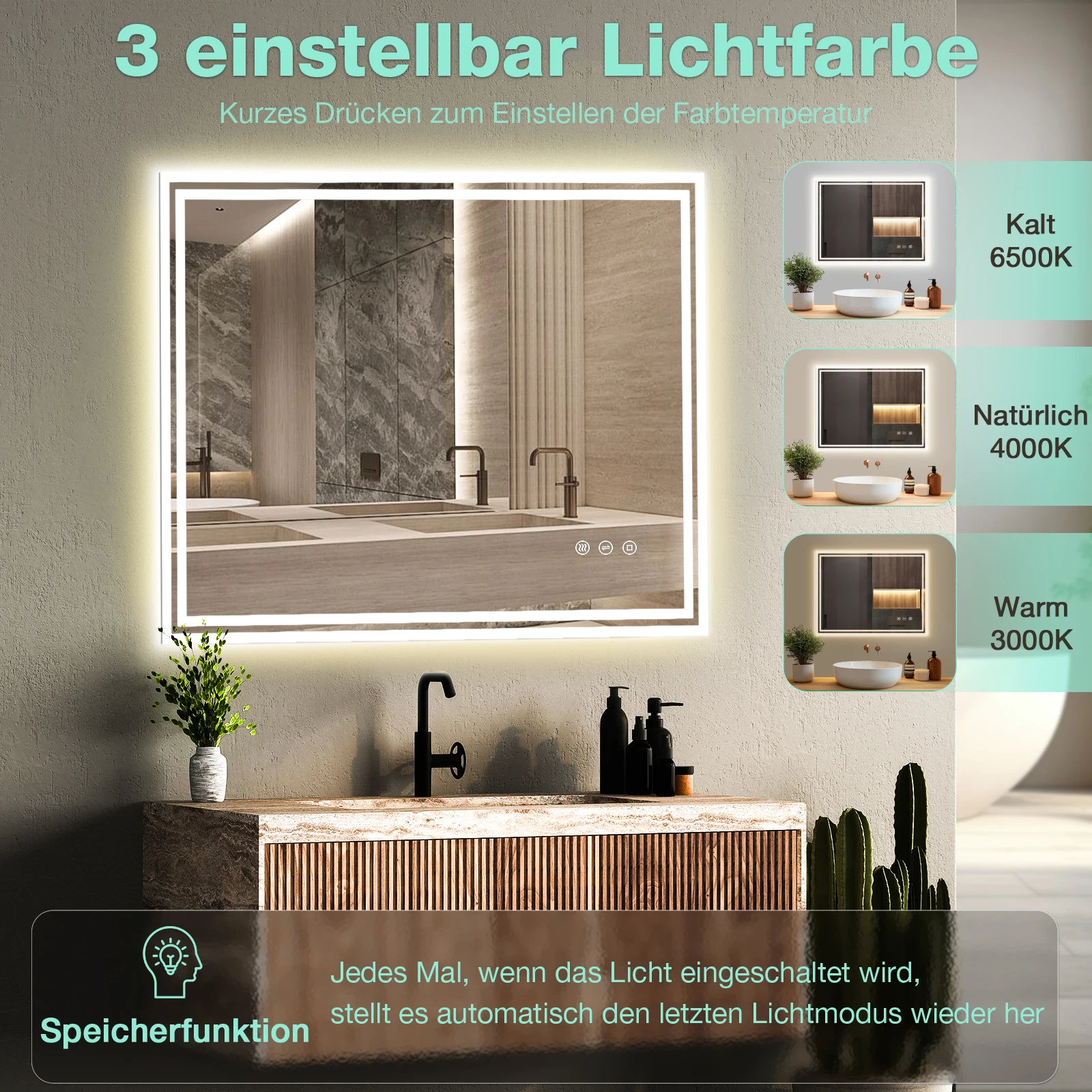 Badspiegel-mit-Beleuchtung 80x60cm, 3 Farbtemperaturen Led Badspiegel mit Steckdose Anti-Beschlag Speicherfunktion IP44 Bad Spiegel mit Licht Horizontal/Vertikal Installation – Detail 1