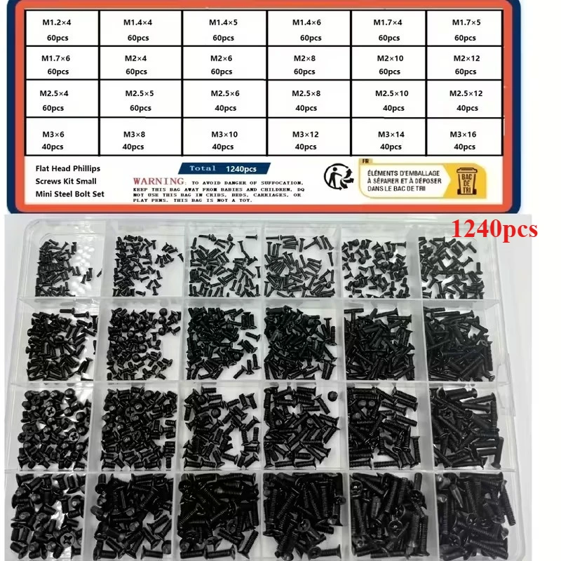 

600/1240pcs Small Computer Screws Kit box M1.4M1.7M2M2.5M3, Flat Phillips Black Tiny Eyeglass Screw for PC Laptop SSD Hard Drive