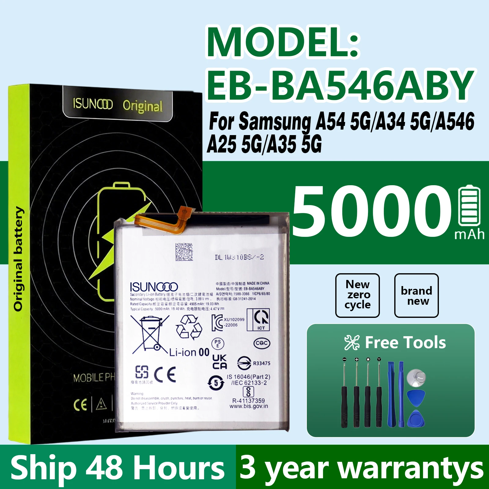 100% New High Quanlity Battery EB-BA546ABY For Samsung A54 5G/A34 5G/A546/ A25 5G/A35 5G Battery +Tool