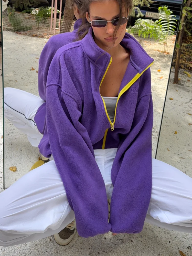 Womens Stand Collar Zip Fleece Jacket And Side Stripe Wide Leg Track Pants Two Piece Loose Fit Daily Streetwear Sport Outfit