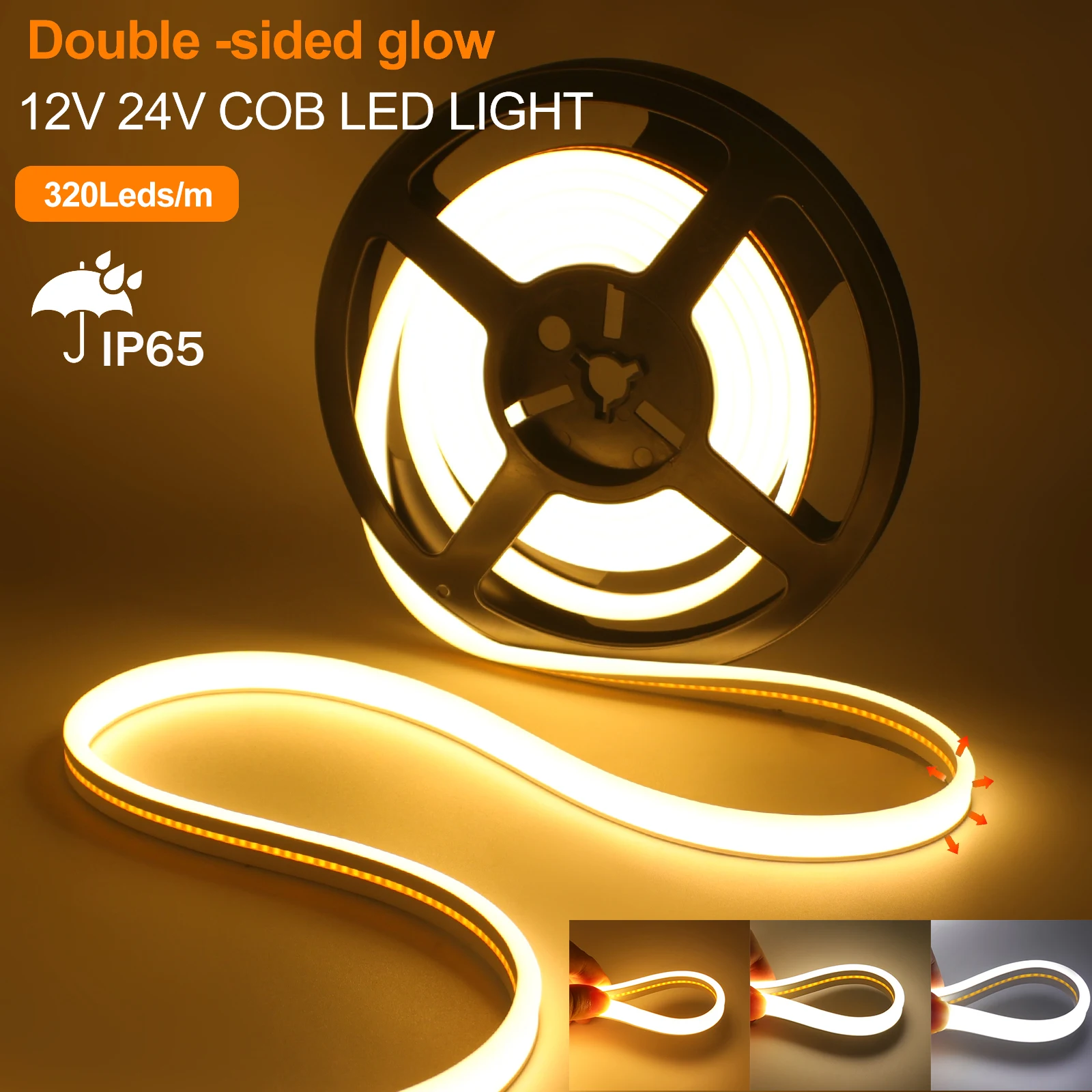 12V 24V COB LED Strip Light Double Side Glow Flexible LED Neon Tape Ribbon Waterproof 320LEDs High Density Linear Lighting