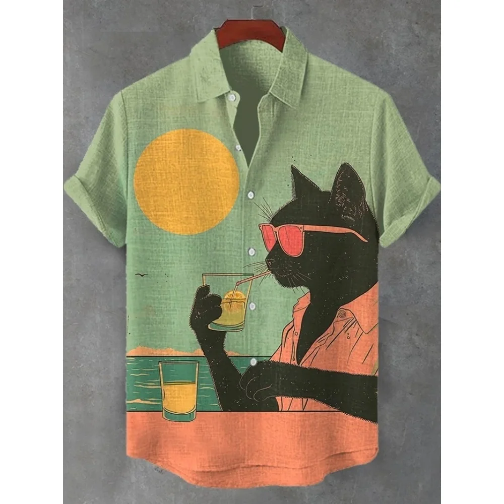 Men's Sunset Cool Kimono Cat Vacation Art Print Casual Shirt Orange Printed Japanese Style Outwear Summer Short Sleeve Tops Chic