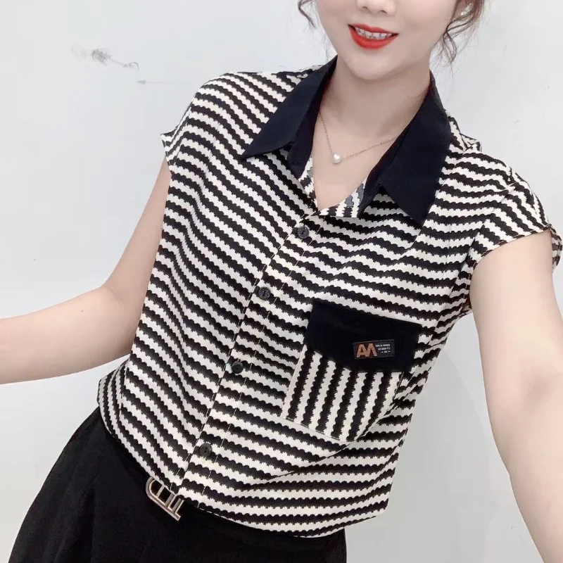 Women\'s Summer Turn-down Collar Flower Stripe Printing Pockets Button Pullover Chiffon Short Sleeve T-shirt Contrast Color Tops