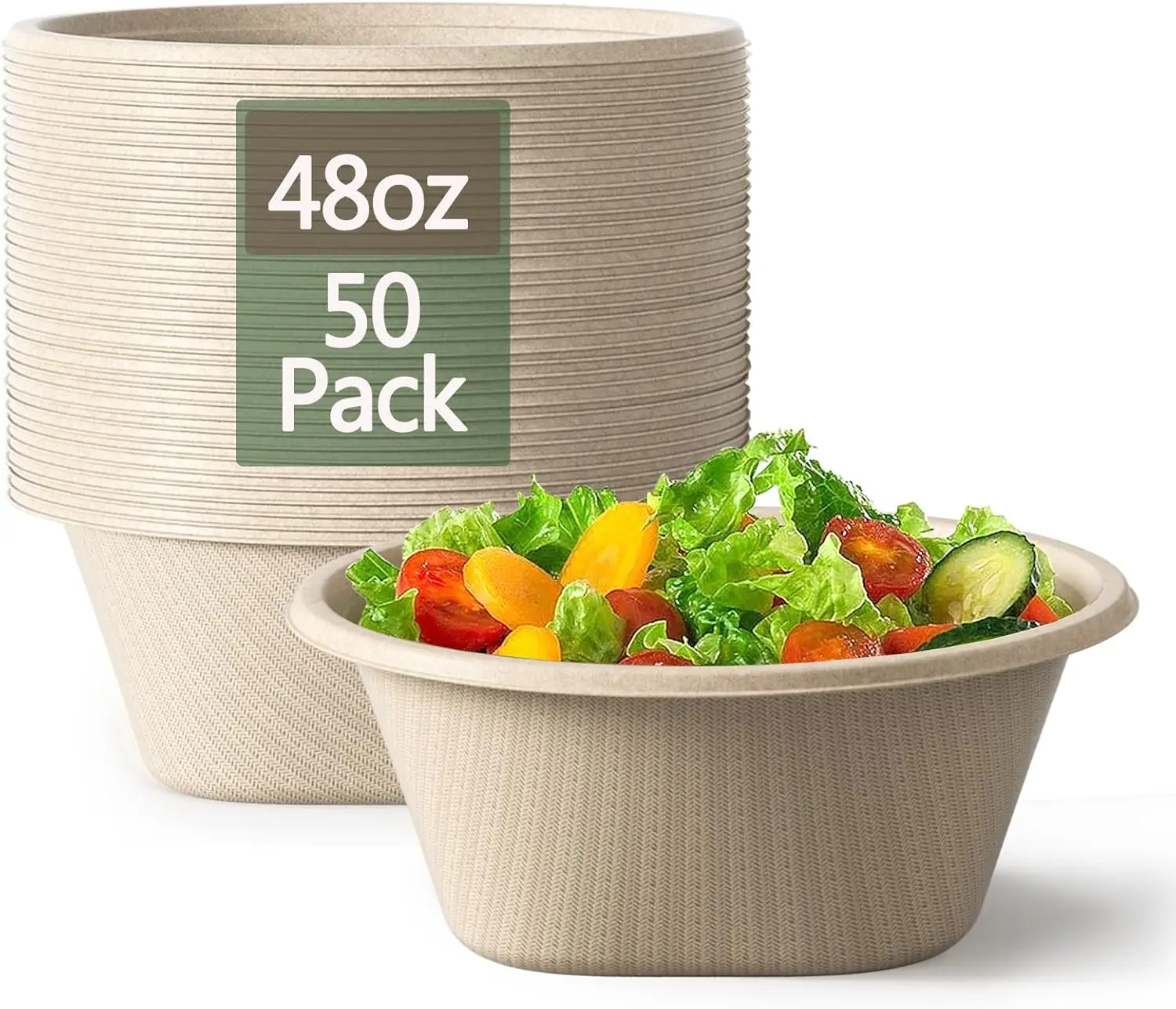 Tazones compostables resistentes de 48 oz - Aptos para microondas, hechos de fibras de caña de azúcar y bambú para sopa, ensalada, ramen, palomitas de maíz [Paquete de 50]