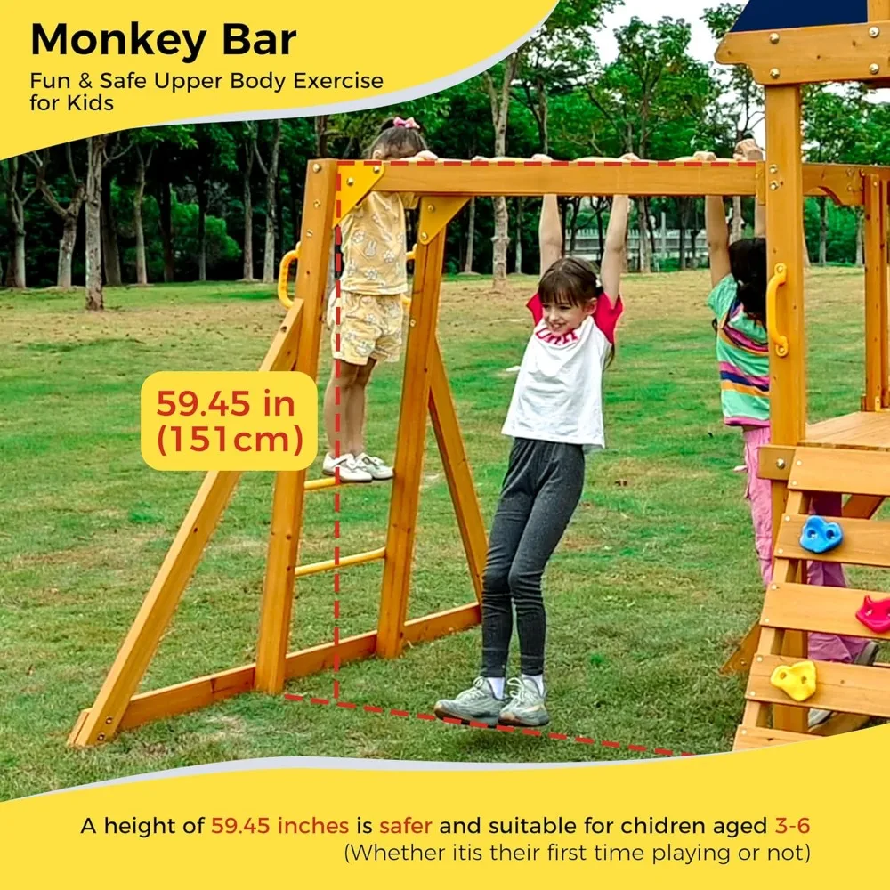 مجموعة لعب خشبية مع شريحة مموجة، مجموعة ملعب مع قضبان قرد للأطفال، مجموعة لعب خارجية مع أرجوحة للأطفال الصغار، مجموعة أرجوحة في الفناء الخلفي #2