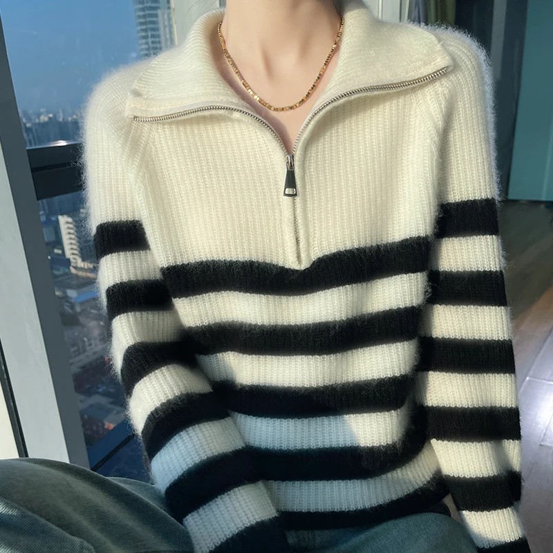 High-end soft turtleneck 100% cashmere sweater women\'s loose thick striped sweater bottoming sweater top