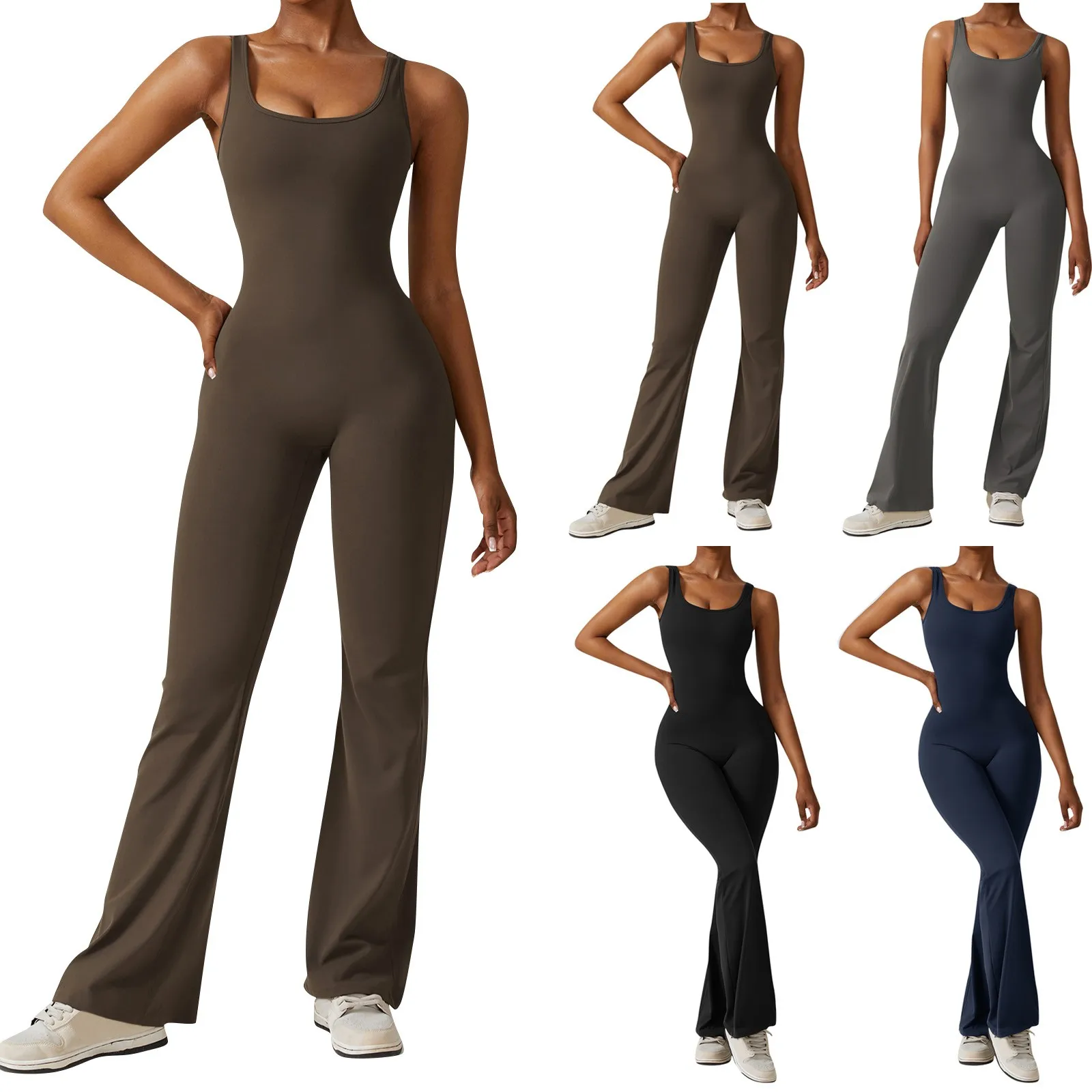 Sleeveless Tank Top Jumpsuits For Women Threaded Square Neck Hip Lift Slim Fit Sexy Jumpsuits Solid Color Backless Jumpsuits