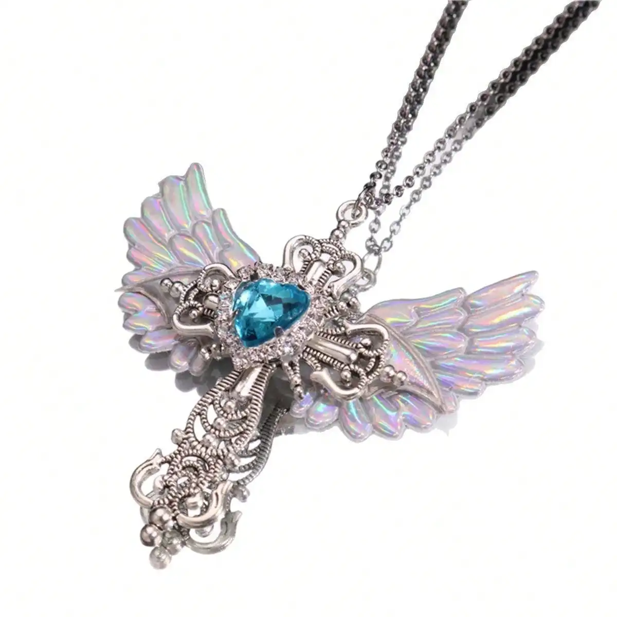 

Серебристое ожерелье с подвеской в ​​виде креста в виде крыльев ангела и синим кристаллом в форме сердца