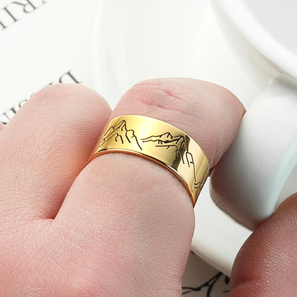 CHENGXUN Engraving Mountain Glossy Ring for Women Girl Stainless Steel Wide Finger Ring 25th Wedding Anniversary Outdoor Jewelry