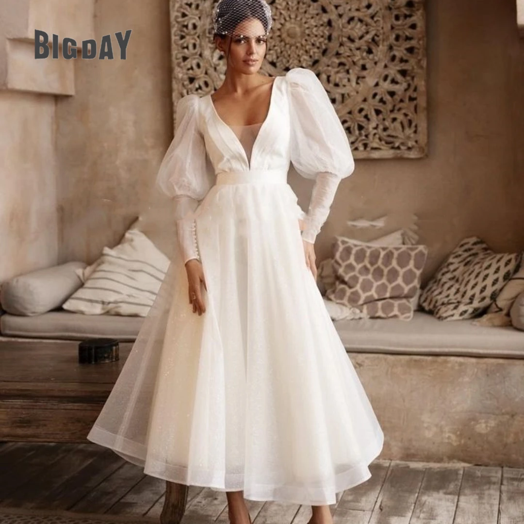 

Elegant Short Wedding Dress For Woman 2024 Open Back Chiffon V-Neck Long Sleeve Bowknot Bridal Gowns Mid-Calf Vestidos De Novia