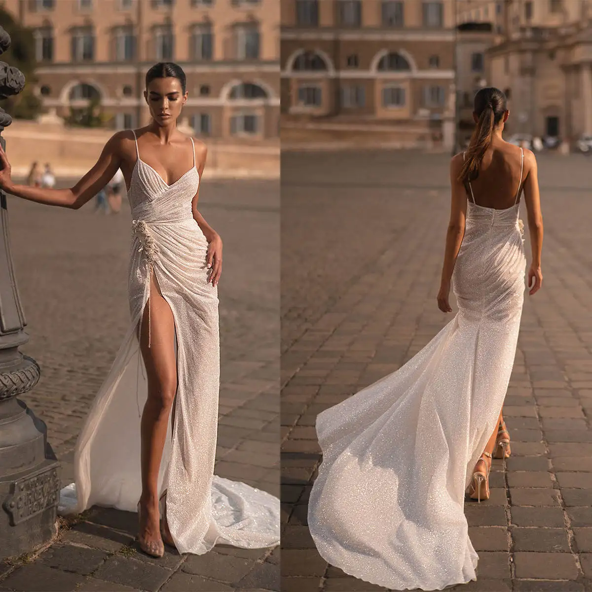 Nuevo diseño vestidos De novia vaina con abertura lateral correa De espagueti Vestido De novia sin espalda tren De barrido Vestido De novia personalizado
