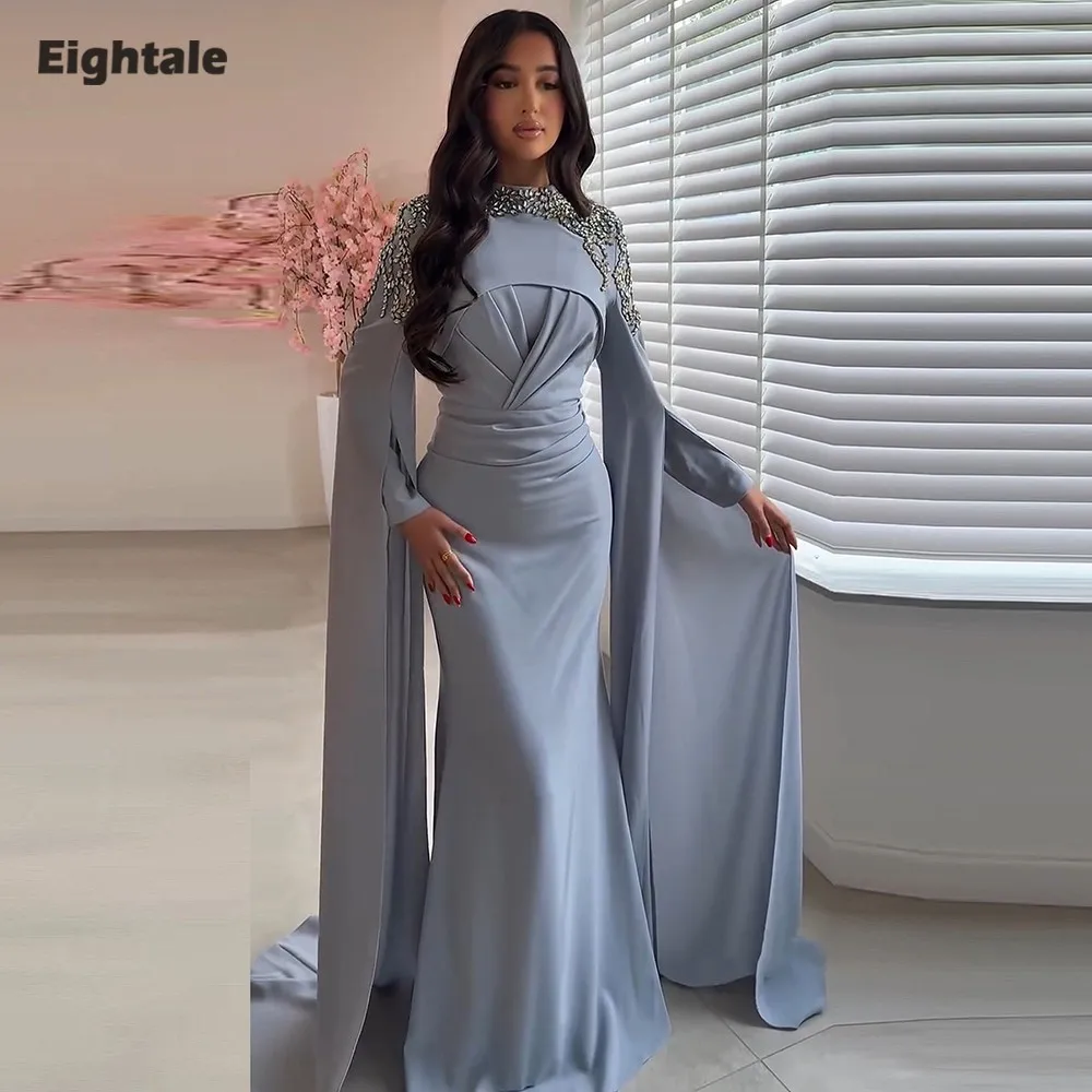 

Eightale Arabic Evening Dress Prom Gown Customized Crystals Beaded Long Sleeve Wedding Party Dress Mermaid Robes De Soirée