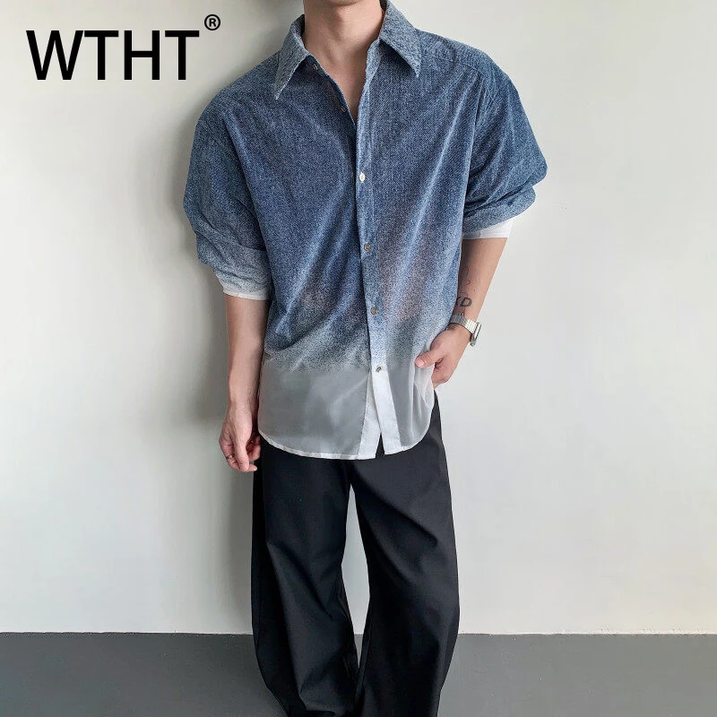 

WTHT Fashion Men's Gradient Loose Turn Down Collar Denim Shirts Trendy American Style Long Sleeves Tops Male 2025 Summer 2A1185