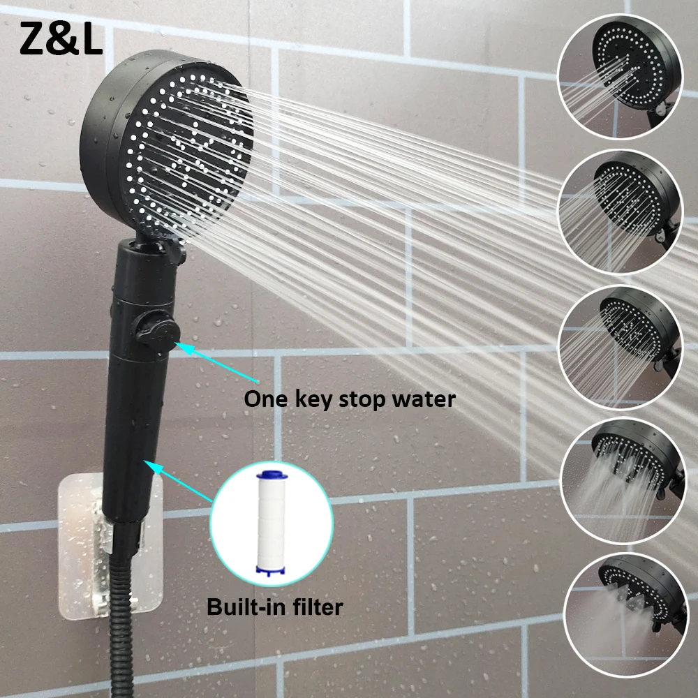 

5 Modes Shower Head Black Silver 360 Degrees Rotating High Pressure Sprayer Nozzle Filter Bathroom Shower heads with Stop Button