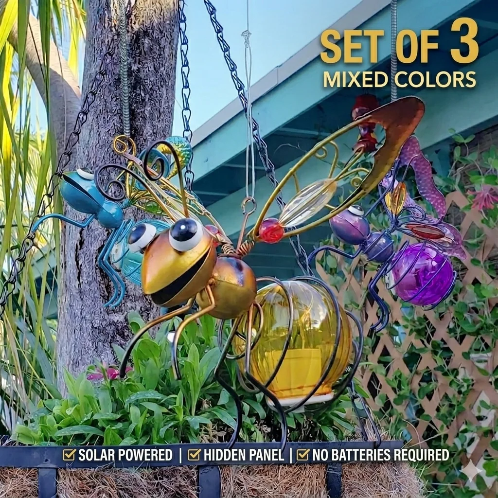 SCKDAY 3PCS Metal Firefly Garden Decor, Solar Powered Hanging Insect Statue, Waterproof Outdoor Art for Yard Patio Porch Gift