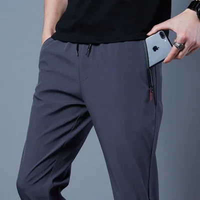 Ice Silk Men's Pants 2023 Summer New Black Gray Thin Business Casual Pants Outdoor Elastic Breathable Straight Leg Sweatpants