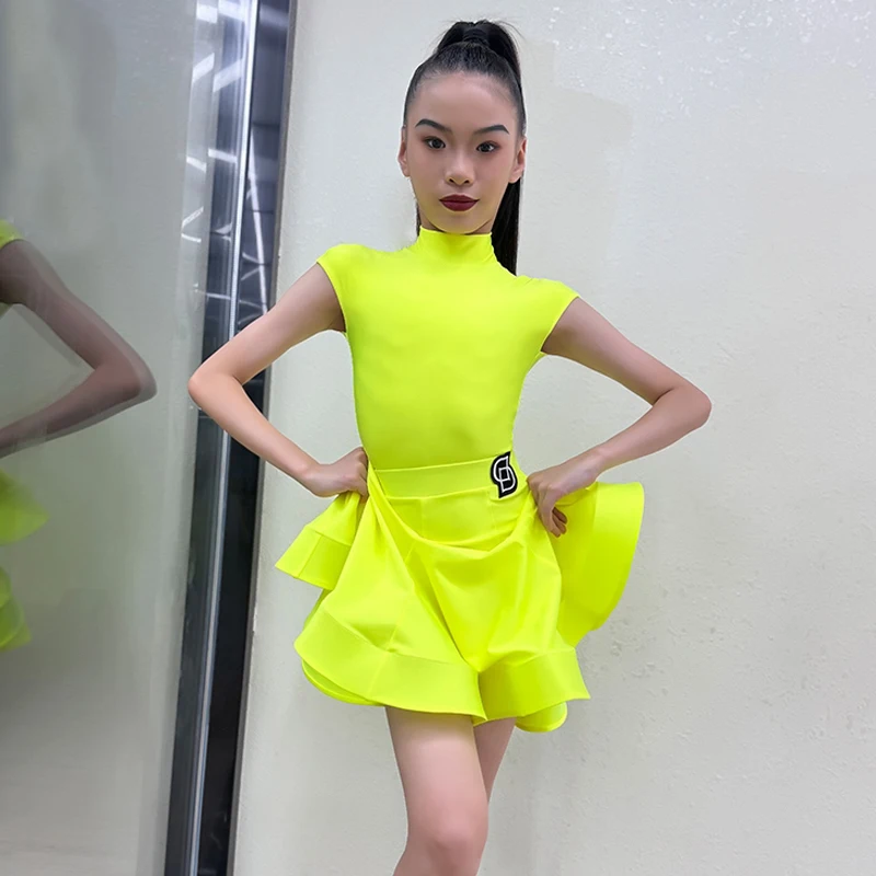 

Fluorescent Yellow National Standard Latin Dance Costumes Kids Performance Dancing Clothes Girls Latin Dance Dress DWY10203