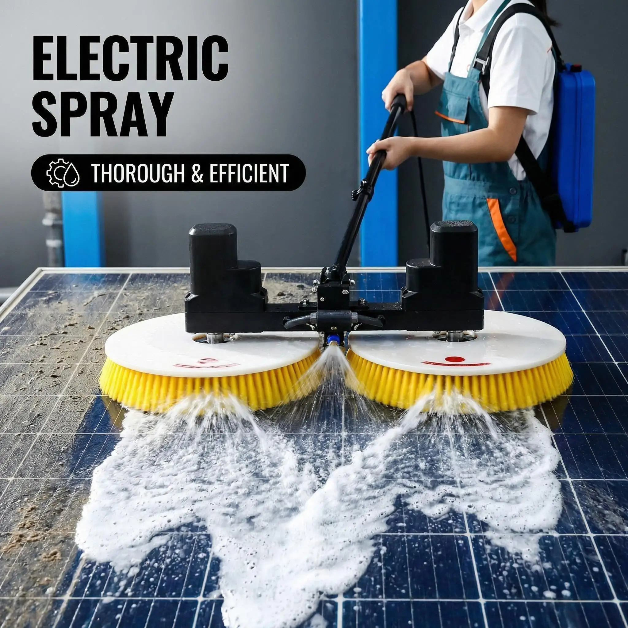 Electric Double Head Solar Panel Cleaning Machine Handheld Rotary Brush Telescopic Photovoltaic Cleaner Water Fed Pole