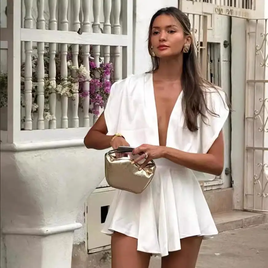 

Женский летний комбинезон с глубоким V-образным вырезом, сексуальный, с завышенной талией, асимметричной юбкой, для офиса и повседневной носки