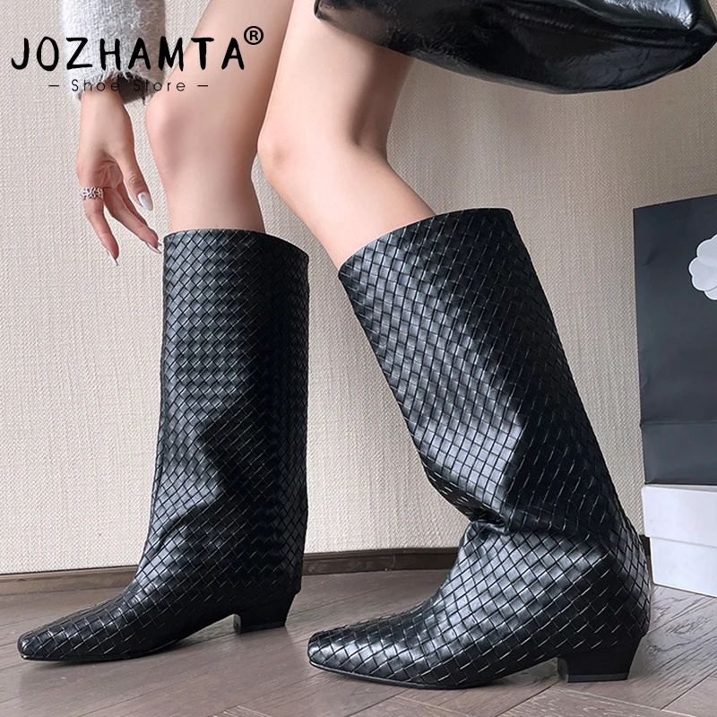 

JOZHAMTA Size 33-40 Women Woven Knee High Boots Soft Leather Chunky Heels Shoes Fall Winter Wide Calf Pull On Long Tall Boots