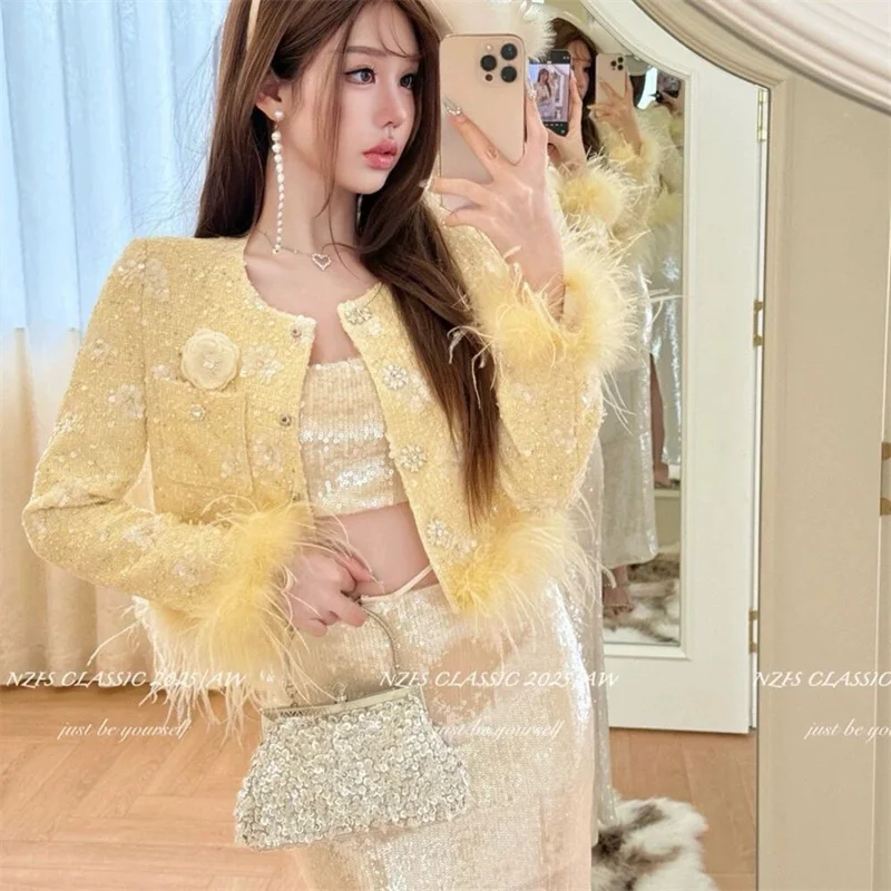 2026 New Sequined Thickened Down Jacket Small Fragrant Jacket Splicing Ostrich Hair Celebrity Noble Top Women's Cardigan