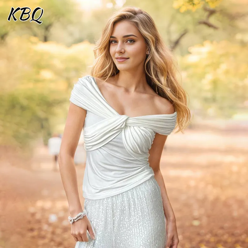 

KBQ Solid Crisscross Off Shoulder T Shirt For Women Slash Neck Short Sleeve Slimming Casual T Shirts Female Fashion Clothing New