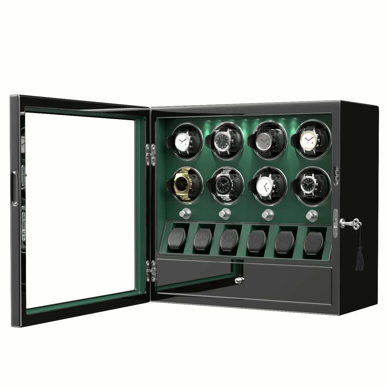 Jam tangan otomatis, Winder jam tangan otomatis untuk 8 jam tangan dengan 6 dudukan, kotak penyimpanan Organizer jam tangan-hijau