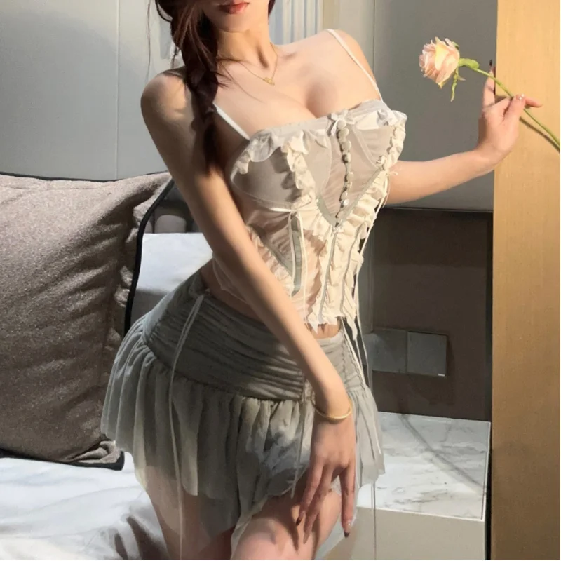 Lingerie Seksi Wanita Gaya Balet, Set Dua Potong Rompi Renda Gradasi Tiga Dimensi dan Rok Pendek