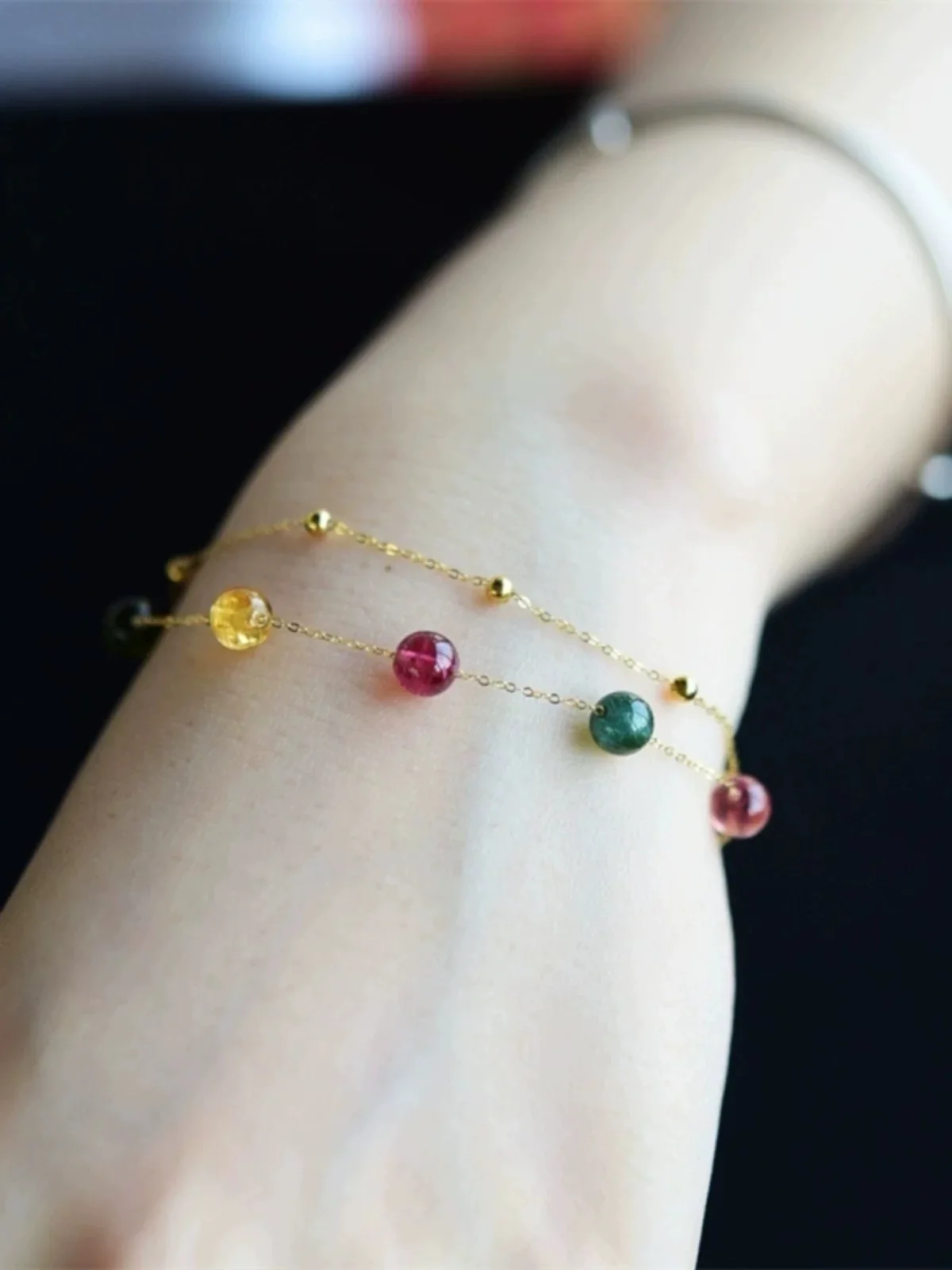 New 18K gold Natural Tourmaline Bracelet Fine jewelry AU750 bead double-layer Original Design gift for women S508