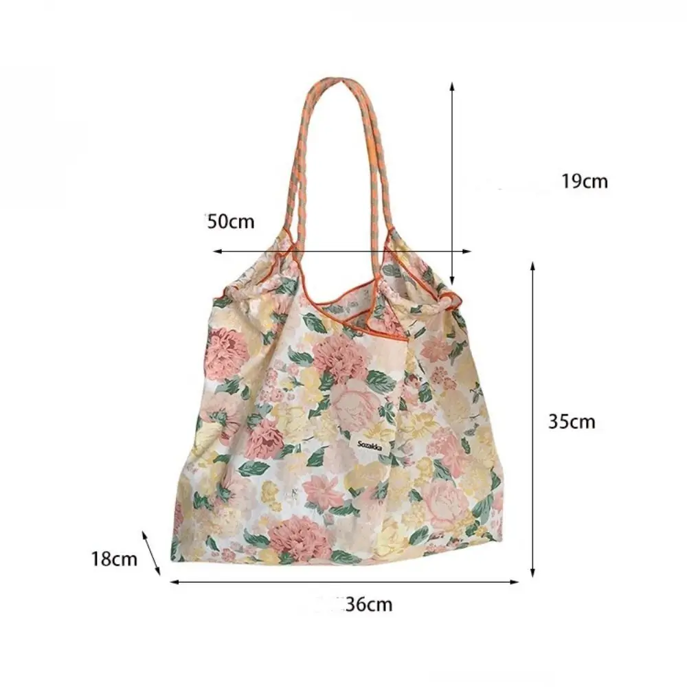 Floral Printed Canvas Shoulder Bag Portable Reusable Large Capacity Drawstring Shopping Bag Handheld Cotton Travel Tote Bag