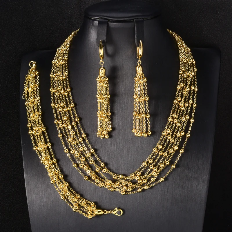 

Dubai Gold Bead Chain Clip Bead Chain Collarbone Chain Tassel Bead Chain Long Necklace Bracelet Earring Set