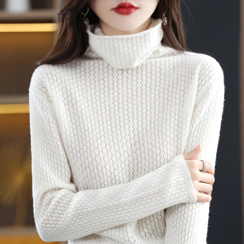 100% wool women's spring and autumn high-necked pullover cashmere sweater hollow knitting fashion solid color long-sleeved top