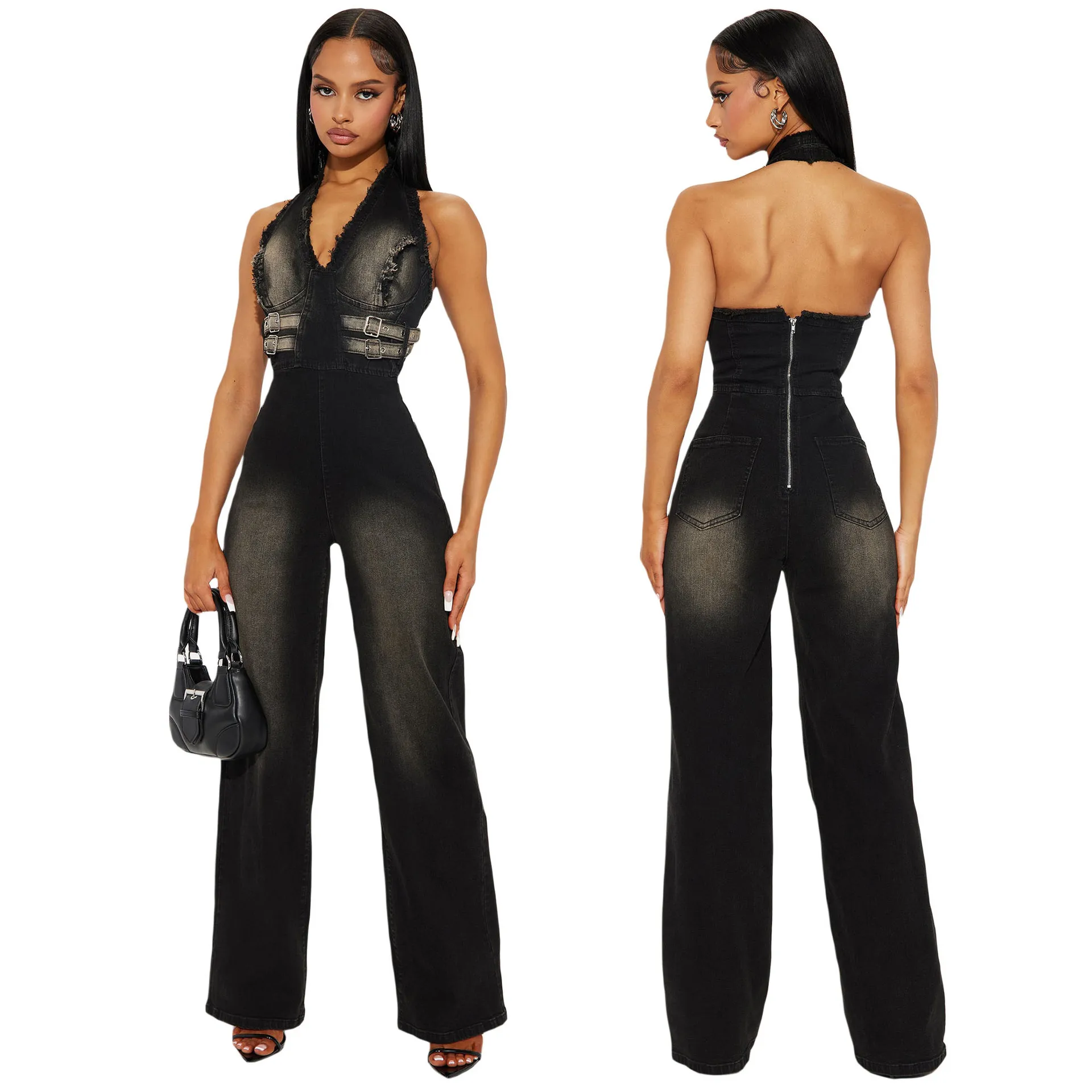 Elegant Women Denim Jumpsuits Sleeveless Halter Neck Rompers 2025 Summer Workout Activewear Sexy Backless Office Lady One Piece