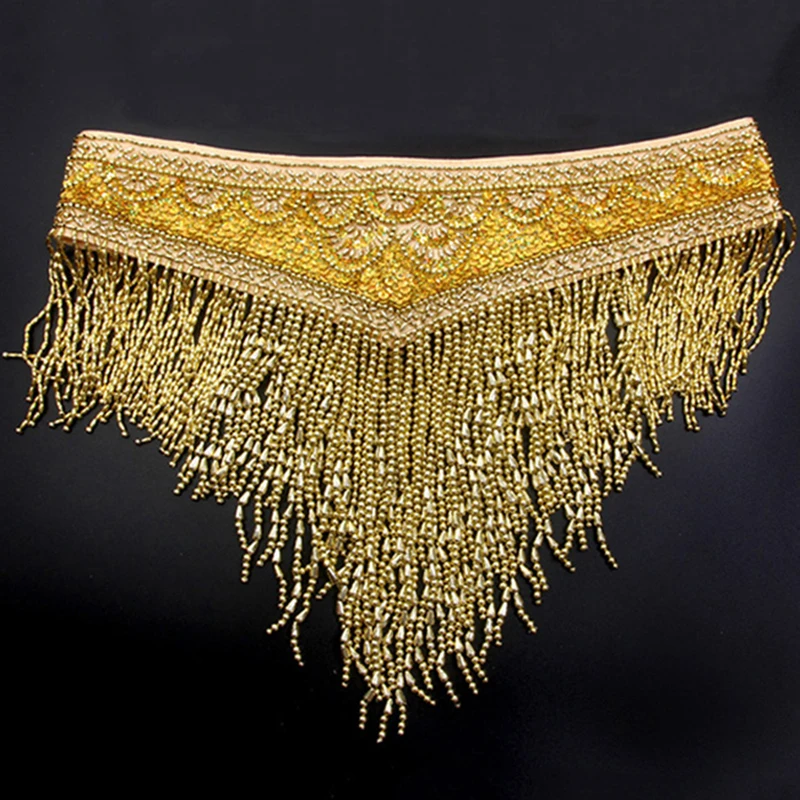 Vêtements de danse du ventre dorés pour femmes de Style oriental, haut perlé et ceinture, ensemble 2 pièces, Costume de danse du ventre, soutien-gorge, avec collier