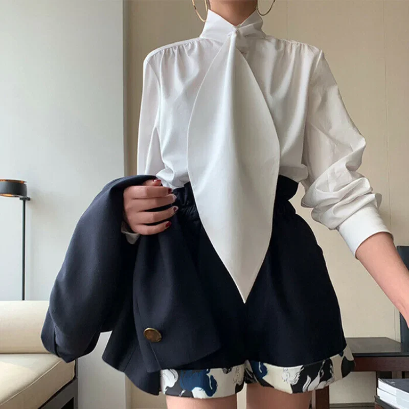 Freeacy Urban Women's Elegant Solid Color Blouse High Neck Long Sleeves Loose Fit Shirt Top Office Ladies Simple Work Shirts image 4