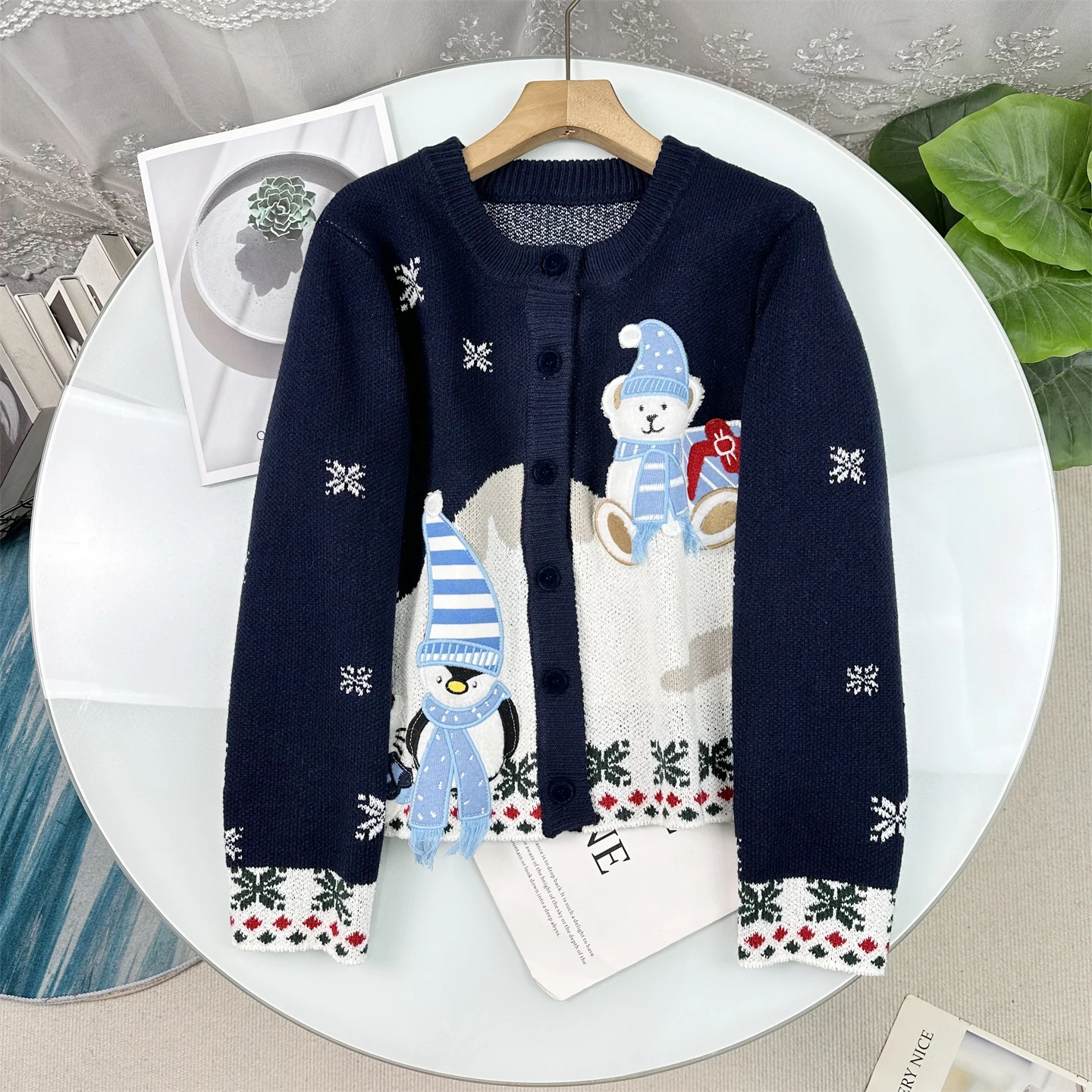 

Rare Find! Autumn Winter Cartoon Snowman Knitted Sweater Short Style Women's Cardigan Sweater Open Front Warm Cozy Fashion
