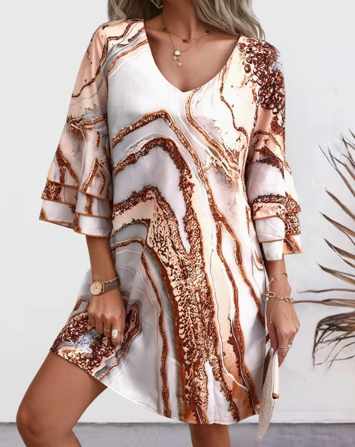 Elegant Sexy for Women 2024 Summer V-Neck Bell Sleeve Marble Print Bell Sleeve Casual Daily Vacation High Waisted Mini Dress