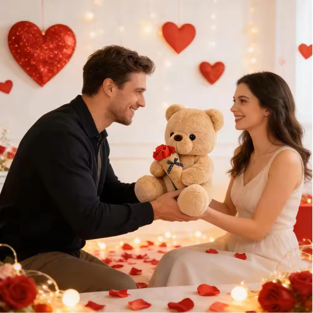 9.8 Inch Cute Rose Teddy Bear Plush Toy - Adorable Stuffed Animal Pet for Valentine's Day, Wedding, New Year & Easter Gift