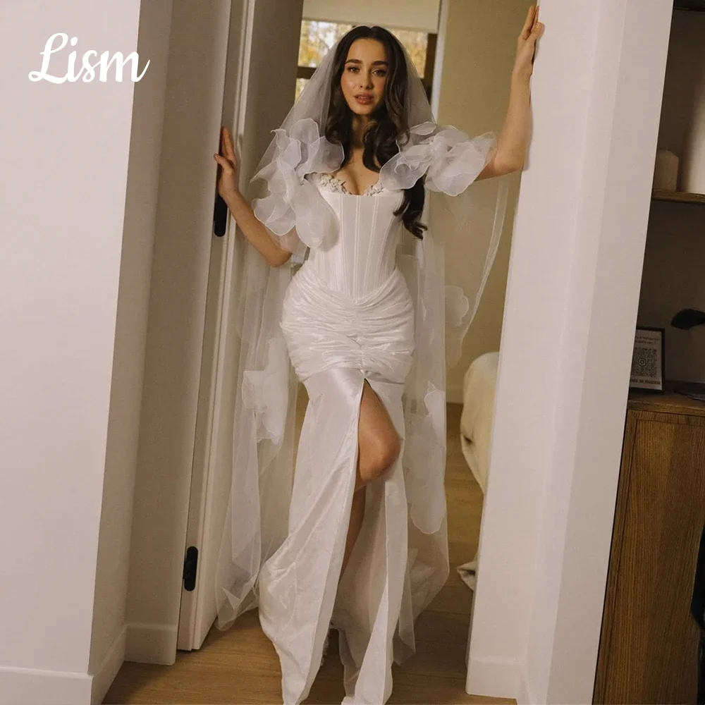 Lism Customized Off Shoulder Satin Wedding Dress Corset Bodice Mermaid Bridal Dress High Slit With Detachable Veil For Ceremony