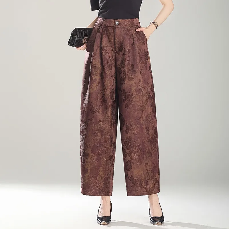 

Spring 2025 New Large-sized Loose Harem Pants for Women Casualem Bossed Jacquard Bud Pants National Style Trousers Vintage