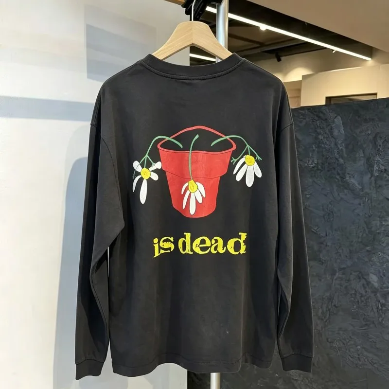 Oversize Men Women Saint Long Sleeve Tshirt Retro Washed Black Faded Print Withered Flower Crack Print Pullover Loose Streetwear