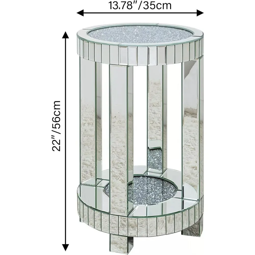 Mirrored End Table Round with Crystals Inlay, 2-Tier Modern Small Sofa Table with Storage, Silver Accent Table for Living Room,