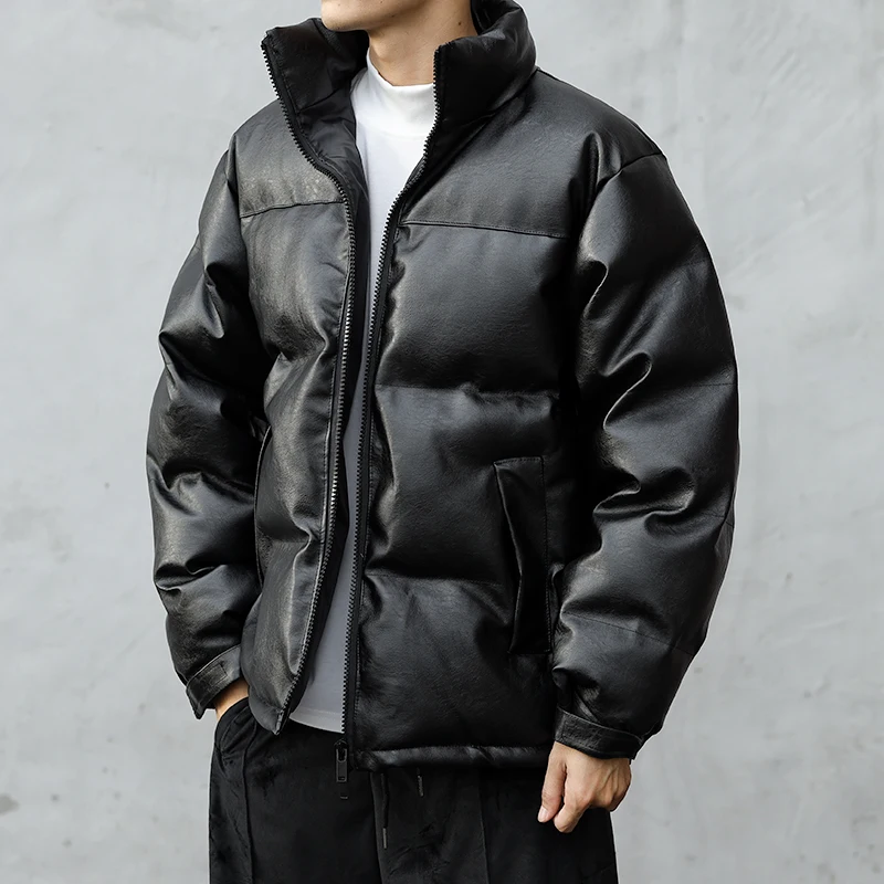 Winter Thickened Cotton Jacket Men's Stand Collar PU Leather Bread Style Coat Couple Outerwear Korean Trend Warm Resistant Cold