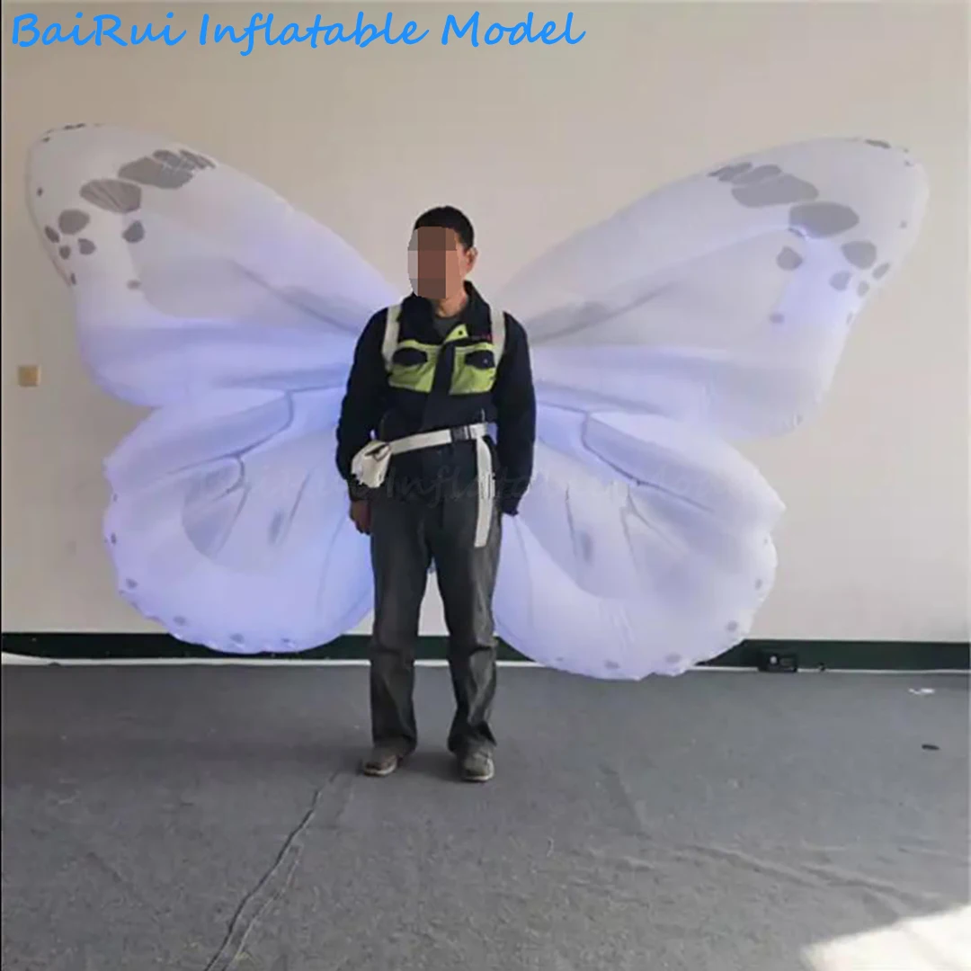 2M Inflatable Butterfly Wings White LED Light Air Blow Angel Wing Carnival Parade Walking Performance Props for Nightclub Event