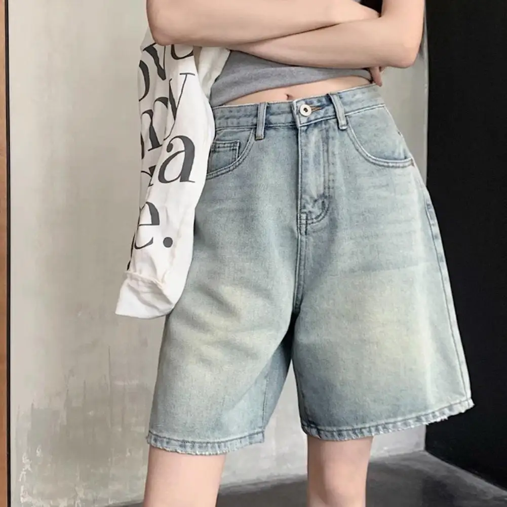 HWomen Denim Shorts High Waist Vintage Washed Straight Wide Leg Pure Color Button Zipper Closure Streetwear Knee Length Jeans Sh