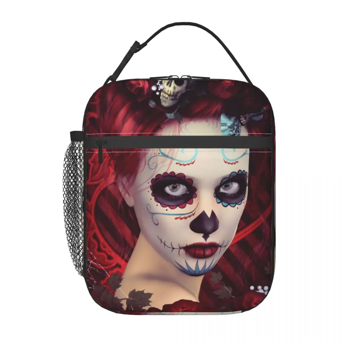 Sugar Doll Red Dia De Muertos Insulated Lunch Bag for Women Waterproof Mexican Gothic Skull Cooler Thermal Lunch Tote Travel